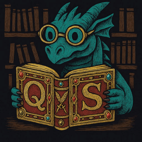 Quest Scribe's mascot, a dragon in round glasses reading a jeweled book marked QS
